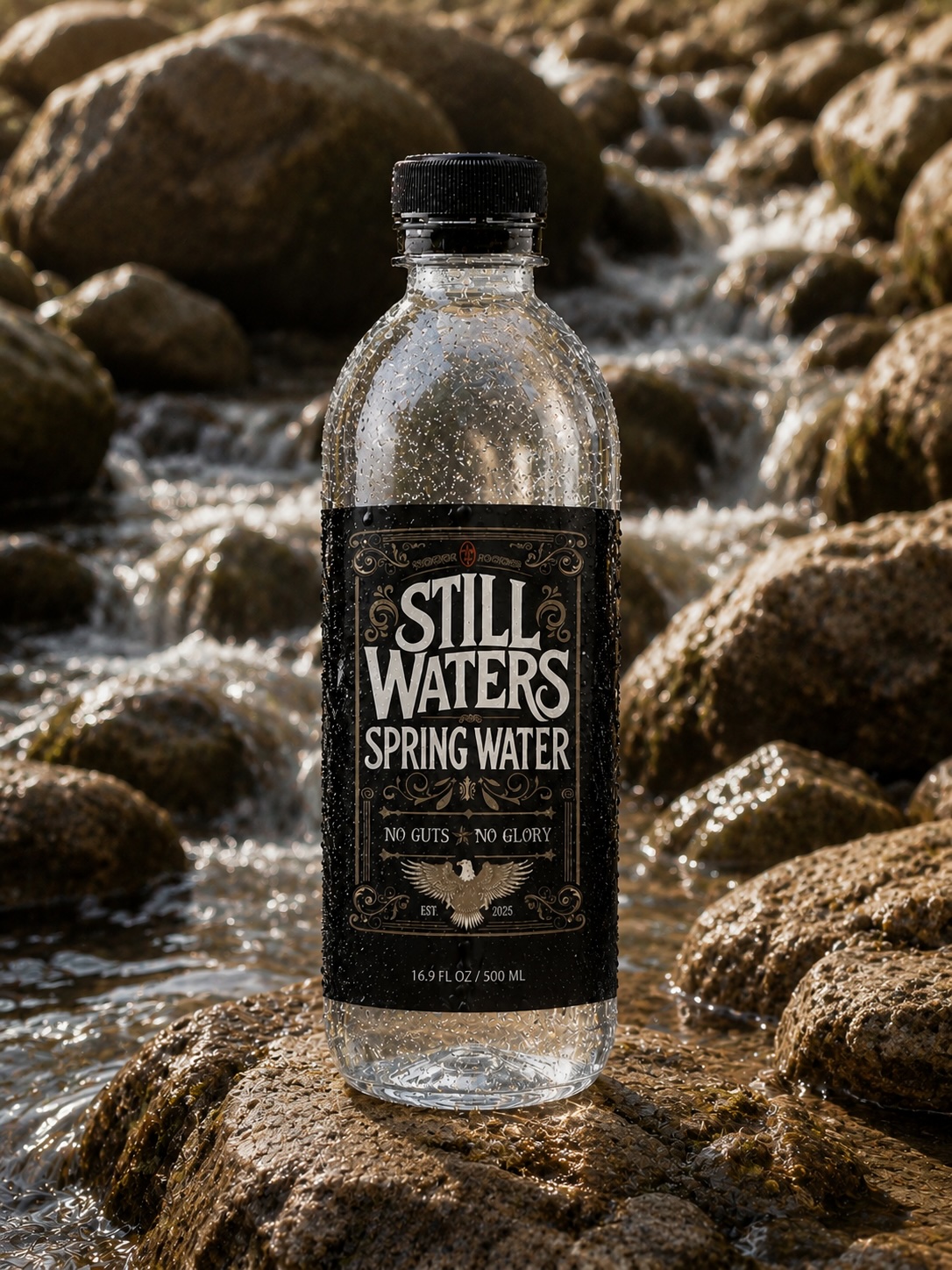 Still Waters Spring Water bottle resting on rocks beside a flowing stream